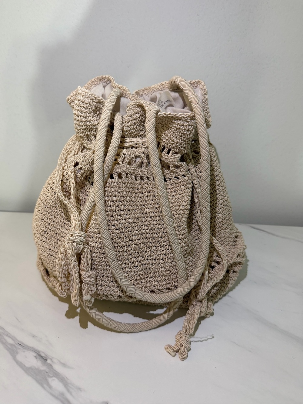 Beige Crochet Drawstring Bucket Bag